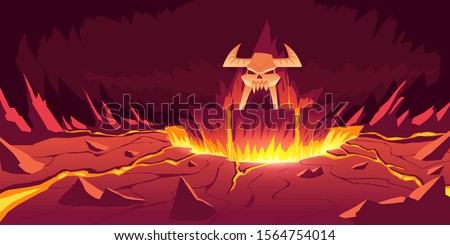 Hell landscape, cartoon vector illustration. Infernal stone cave with cracked hot rocks and volcanoes, flowing molten lava or liquid fire and horned skull, fiery game background