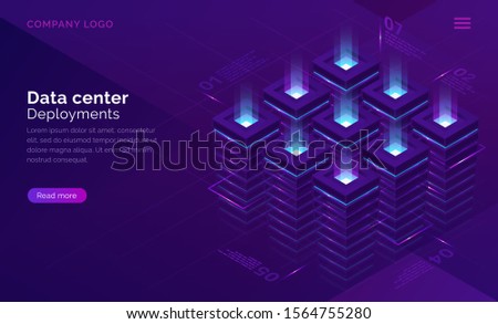 Date center isometric concept vector. Server room with racks, virtual supercomputer internet technology, database infographic infrastructure, cloud information storage on ultraviolet landing page