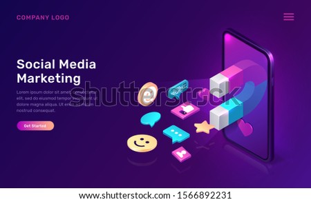 Social media marketing, viral mms, vector isometric concept. 3D mobile phone screen with large magnet attracting social media content icons, like and followers, chat messages, ultraviolet app web page