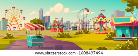 Amusement park, carnival or festive fair cartoon vector illustration. Circus tent arrow pointer, carousel, merry-go-round, ferris wheel and roller coaster and ice cream cart children summer city fun