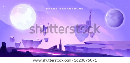 Space background with landscape of alien planet with craters and lighted crack. Vector cartoon fantasy illustration of purple galaxy sky with moon and ground surface with rocks