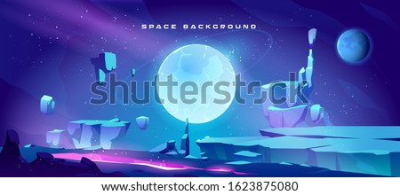 Space background with landscape of alien planet with craters and lighted crack. Vector cartoon fantasy illustration of blue galaxy sky with gas giant and moon and ground surface with rocks