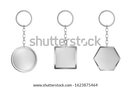 Keychains set. Metal round, square and hexagon keyring holders isolated on white background. Silver colored accessories or souvenir pendants mock up. Realistic 3d vector illustration, icon, clip art