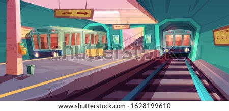 Metro station, arriving train to empty subway platform from underground tunnel. Vector cartoon illustration of subway interior with ticket vending machine, seats, map and stairs