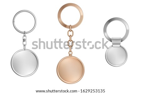 Keychains set. Metal round keyring holders isolated on white background. Gold, chrome, silver or steel colored accessories or souvenir trinket mockup. Realistic 3d vector illustration, icon, clip art