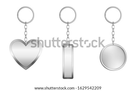 Keychains set. Metal round, rectangular and heart shape keyring holders isolated on white background. Silver colored accessories or souvenir pendants mock up. Realistic 3d vector illustration, icon