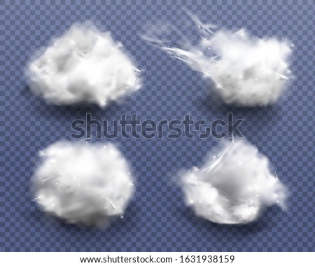 Realistic cotton wool, clouds or wadding balls set isolated on transparent background. Smooth soft pieces of white fluffy material, pure fiber close up design elements 3d vector illustration, clip art