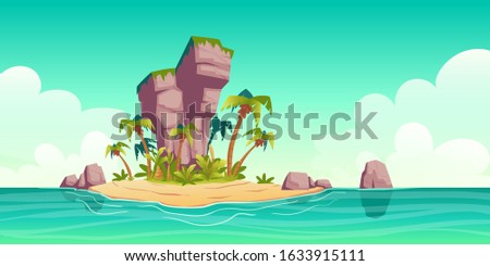 Tropical island in ocean with palm trees and rock. Vector cartoon illustration of summer sea landscape with paradise shore, sand beach and coconut palms. Exotic travel and vacation