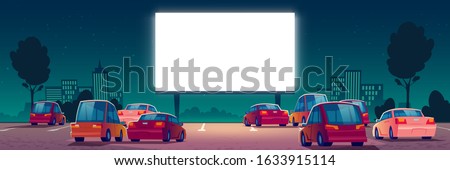 Outdoor cinema, drive-in movie theater with cars on open air parking. Vector cartoon summer night city with glowing blank screen and automobiles. Urban entertainment, film festival