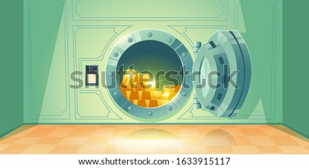 Bank vault with open safe door. Vector cartoon illustration of room with round steel door and dial lock for money storage. Bank safe with gold ingots inside