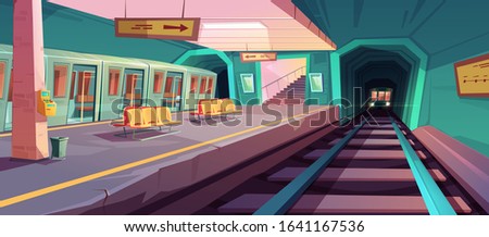 Metro station, arriving train to empty subway platform from underground tunnel. Vector cartoon illustration of subway interior with ticket vending machine, seats, map and stairs