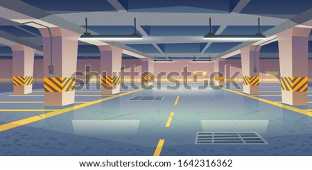 Underground car parking. Vector cartoon interior of empty basement garage with columns, road marking lots for automobiles and guiding arrows on wall. Car parking in mall or city house