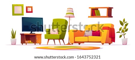 Living room interior set with sofa, armchair, bookshelves and tv. Vector cartoon collection of furniture for house, carpet, floor lamp and spring plants isolated on white background