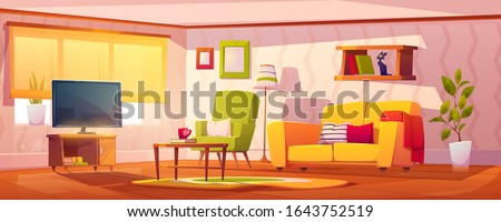 Spring interior of living room with sofa, armchair, bookshelves and tv. Vector cartoon illustration of lounge with coffee table, carpet, floor lamp and house plants