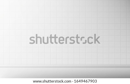 White tile wall and floor in bathroom vector seamless background, empty kitchen or toilet interior room with square mosaic surface, ceramic tiled grid pattern, bath decor, Realistic 3d illustration