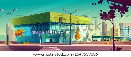 Central bus station. Vector cartoon cityscape with modern city transportation building, street with traffic lights and platform with benches. Waiting terminal for passenger carriage