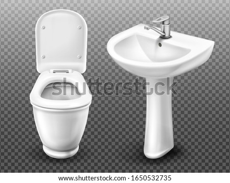 Toilet bowl and sink for bathroom, restroom, modern WC. Vector realistic white ceramic wash basin with tap and lavatory with flush tank and open seat lid isolated on transparent background