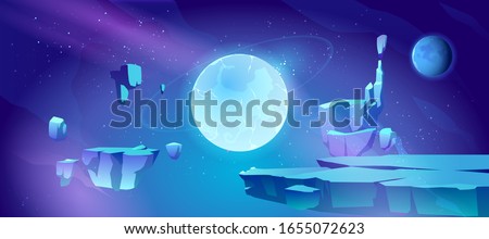 Space background with landscape of alien planet with craters and cracks. Vector cartoon fantasy illustration of blue galaxy sky with gas giant and moon and ground surface with rocks