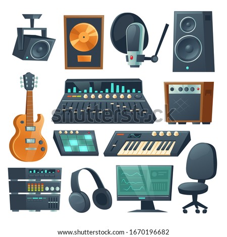 Music studio equipment isolated on white background. Vector cartoon set of sound recording tools, guitar and synthesizer, audio mixer, amplifier and microphone. Professional music workstation