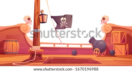 Pirate ship wooden deck onboard view, boat with cannon, wood boxes and barrel, hold entrance, mast with ropes, lantern and skull buccaneer flag isolated on white background cartoon vector illustration ストックフォト © 