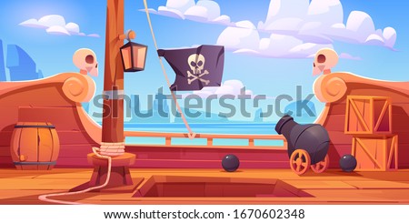 Pirate ship wooden deck onboard view, boat with cannon, wood boxes and barrel, hold entrance, mast with ropes, lantern and skull buccaneer flag on rocky seascape background cartoon vector illustration ストックフォト © 