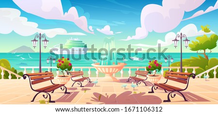 Summer seafront with cruise ship and powerboat in ocean, cartoon quay with fountain, benches and vintage fence. Vector sea landscape with empty promenade, decorative trees, street lamps and gulls