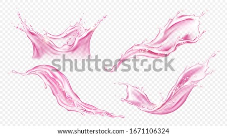 Splash of juice or pink water isolated on transparent background. Vector realistic set of liquid waves of falling and flowing translucent red drink, strawberry or berry juice, rose wine Foto stock © 