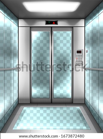 Empty glass elevator cabin with transparent walls, floor and closed doors. Vector realistic interior of passenger lift with buttons panel and digital display with arrows up and down in office building