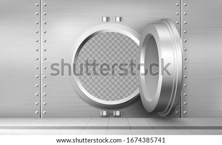 Bank vault with open safe door. Vector realistic interior of room with round steel door and and metal walls for safety storage deposits. Bank safe with dial lock