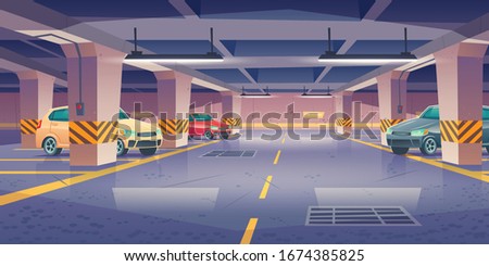 Underground car parking, garage with vehicles and vacant places. Area for transport in building basement with columns and guiding arrows show way to exit, infrastructure. Cartoon vector illustration