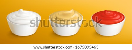 Mayonnaise, mustard sauce and ketchup in white dip bowls. Vector realistic 3d set of cups with cream, yogurt, cheese and tomato sauce for salad or barbecue isolated on yellow background