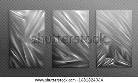 Stretched cellophane banner, realistic crumpled or folded texture vector illustration. Clear transparent polyethylene top of plastic container, tape or elastic wrapping paper for food or snacks bag