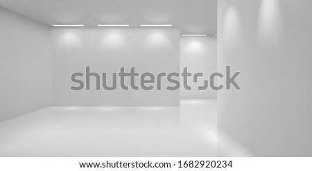 Art gallery empty 3d room with white walls, floor and illumination lamps. Museum interior passages with lights for pictures presentation, photography contest exhibition hall, Realistic vector mock up