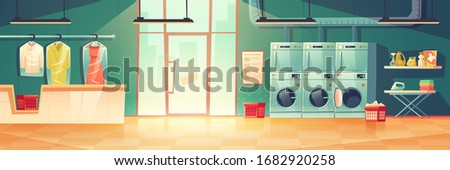 Public laundry or dry cleaning with laundromat washing machines, dryers, counter desk with hanger for clean clothing wrapped into cellophane. Empty room with glass door, Cartoon vector illustration