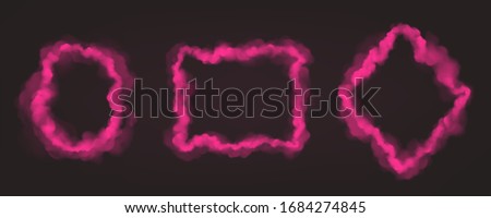 Pink smoke frames isolated on dark background. Vector realistic set of borders from magic fog, pink mist clouds in shape of circle, square and rhombus. Abstract banners with smoke texture frames