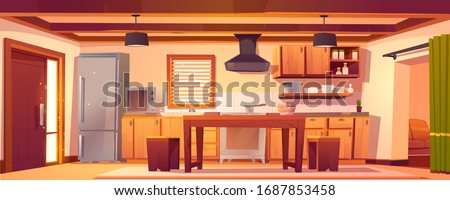 Kitchen interior in rustic house with wooden furniture and cooking appliances. Vector cartoon empty cuisine in western country style with fridge, microwave, stove and vintage dining table
