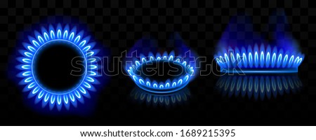 Gas burner with blue flame, glowing fire ring on kitchen stove. Vector realistic mockup of burning propane butane in oven for cooking in top and side view isolated on black background