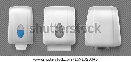 Wall hand dryer, dispensers with soap and paper towel. Vector realistic container with antibacterial liquid gel or alcohol sanitizer, box with napkins and hand drier isolated on transparent background