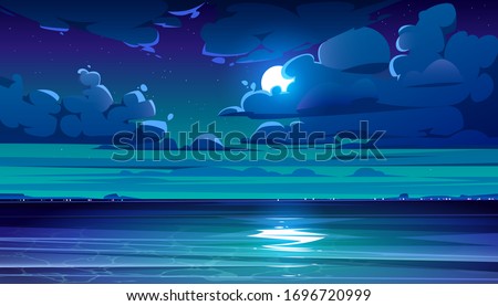 Night sea landscape with moon, stars and clouds in dark sky. Vector cartoon illustration of midnight scene with ocean, with coastline silhouette on horizon and moonlight reflection in water