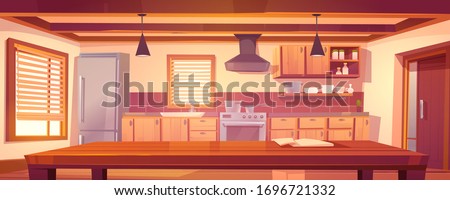 Rustic kitchen empty interior with wooden table, furniture and appliances. Oven, range hood, refrigerator and utensil. Cooking equipment in retro vintage style, jalousie. Cartoon vector illustration