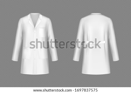 White doctor coat, medical uniform isolated on transparent background. Vector realistic mock up of lab costume front and back view. Clothes for medicine profession, nurse suit, physician robe