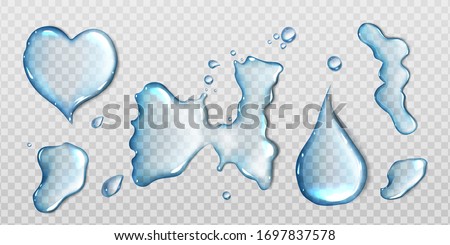 Water spills isolated on transparent background. Vector realistic set of liquid puddles different shapes, clear water drops, pure aqua flows, spill on wet surface top view