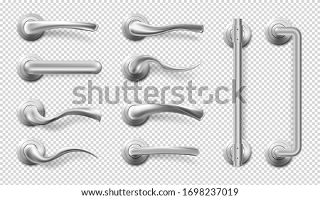 Metal door handles for room interior in office or home. Vector realistic set of modern chrome lever handles in different shapes and long door pulls isolated on transparent background
