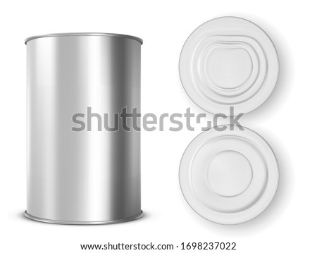 Metal tin can for food front, top and bottom view. Vector realistic mockup of blank aluminum container, round steel pack for soup, milk, beans or meat isolated on white background