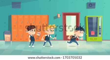Students bullied sad asian boy in medical mask. School discrimination and xenophobia concept. Vector cartoon illustration of children mock lonely boy and draw gossip on his locker