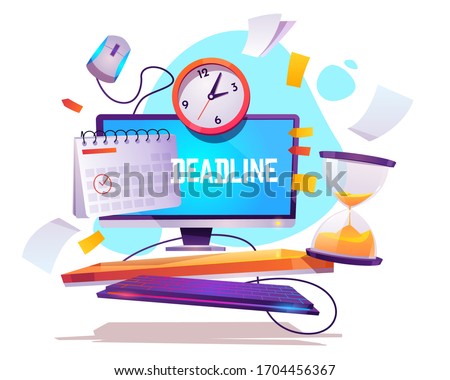 Deadline in work. Concept of appointment event on due date and schedule. Vector cartoon illustration with computer, calendar, clock and hourglass. Project deadline, job organization