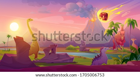 Dinosaurs extinct with meteorite falling on Earth. Asteroid explosion in end of Jurassic, Cretaceous or Triassic prehistoric era with erupting volcano. Planet evolution cartoon vector landscape, panic