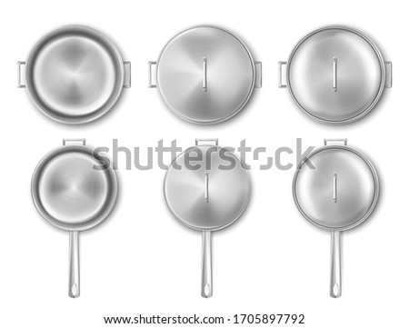 Metal cooking pot and frying pan top view. Vector realistic mockup of empty steel saucepan and skillet with handles and lid. Stainless casserole, kitchen utensil isolated on white background