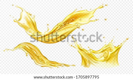 Splash of juice or yellow water isolated on transparent background. Vector realistic set of liquid waves of falling and flowing beer, orange, mango or lemon juice, oil, soda or honey