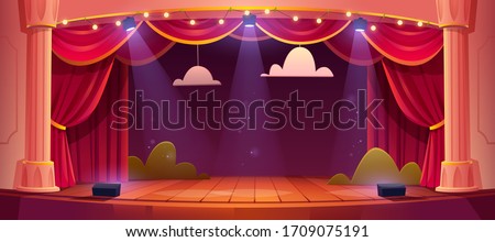 Theater stage with red curtains and spotlights. Vector cartoon illustration of theatre interior with empty wooden scene, luxury velvet drapes and decoration with clouds and bushes ストックフォト © 